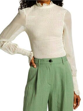 New Rag & Bone Kayden Sheer Smocked Blouse Cream Dove XS $325